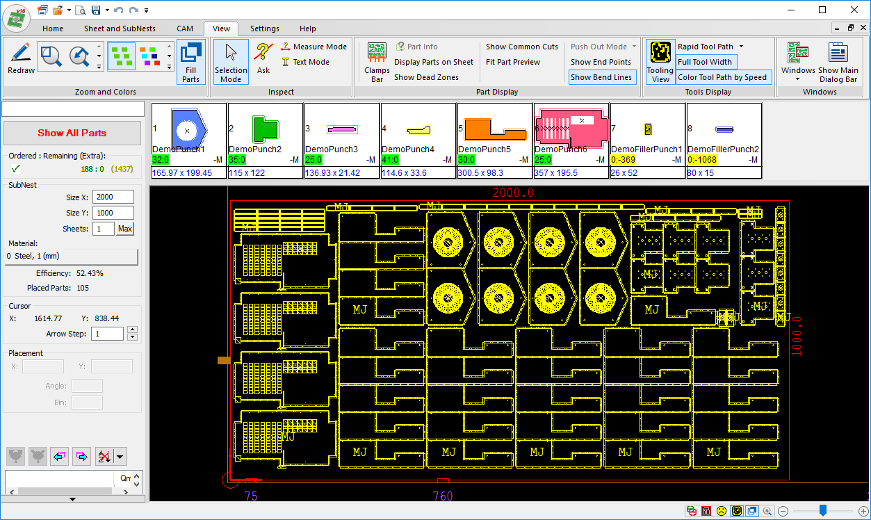 Part nesting on a sheet in Metalix CAD/CAM software